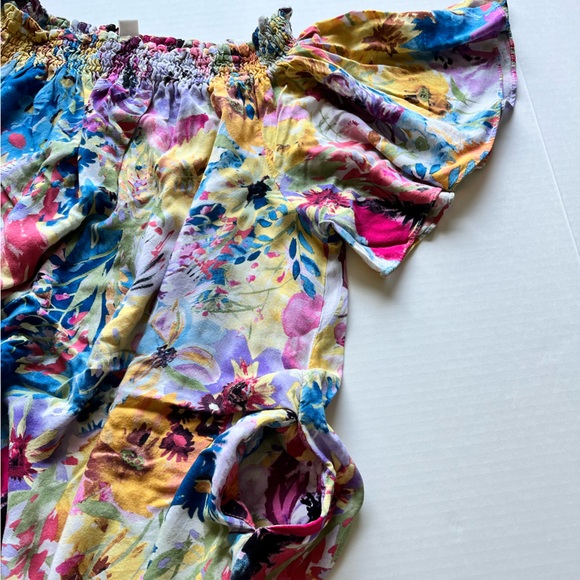 H&M Off-the-shoulder Smocked Short Wide Sleeve Floral Print Pockets Flowy Dress - Picture 7 of 14